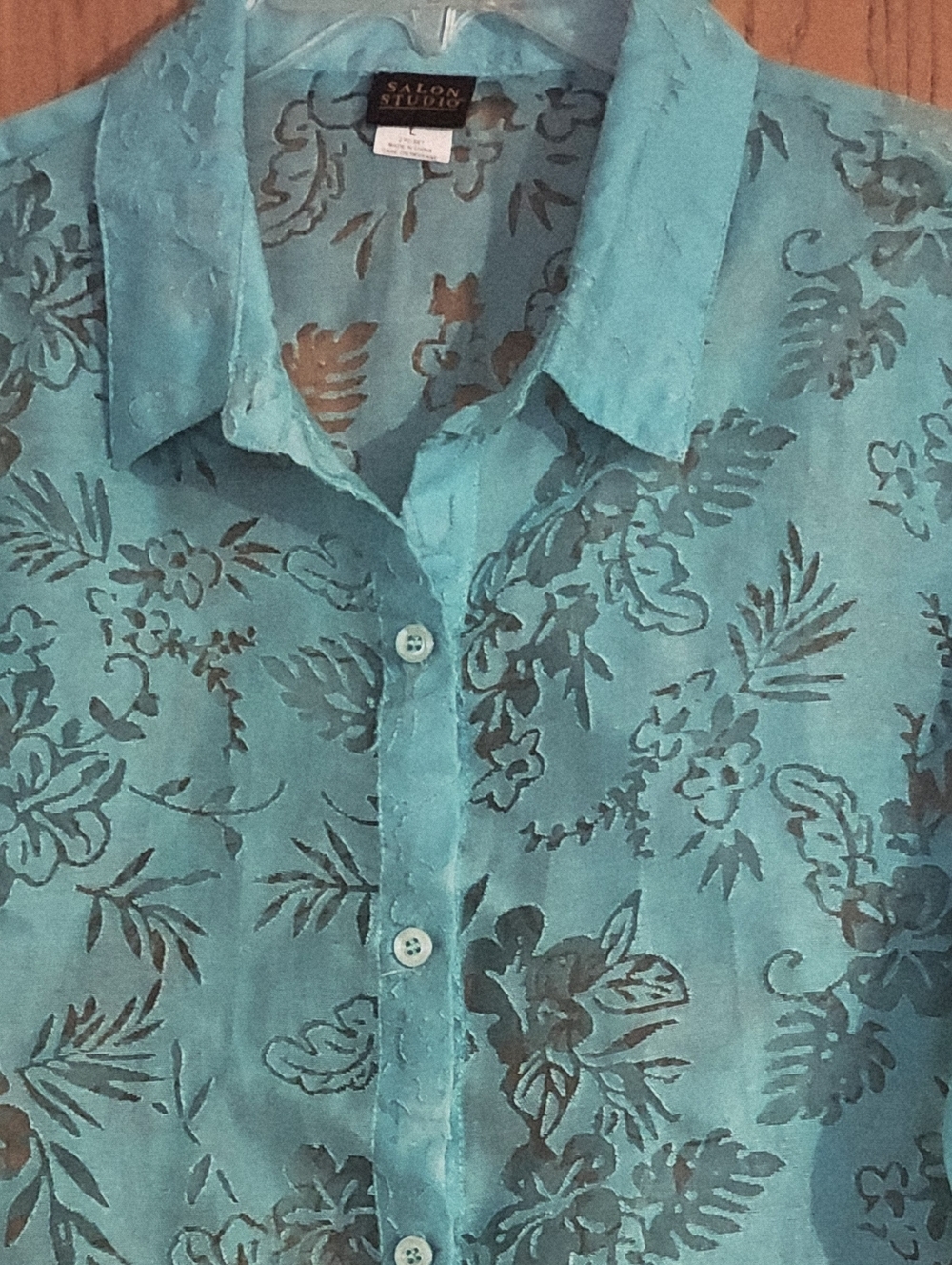 Salon Studio Collar Women's Aqua Semi Sheer Laced Button Down Top Blouse Sz L - Picture 2 of 8